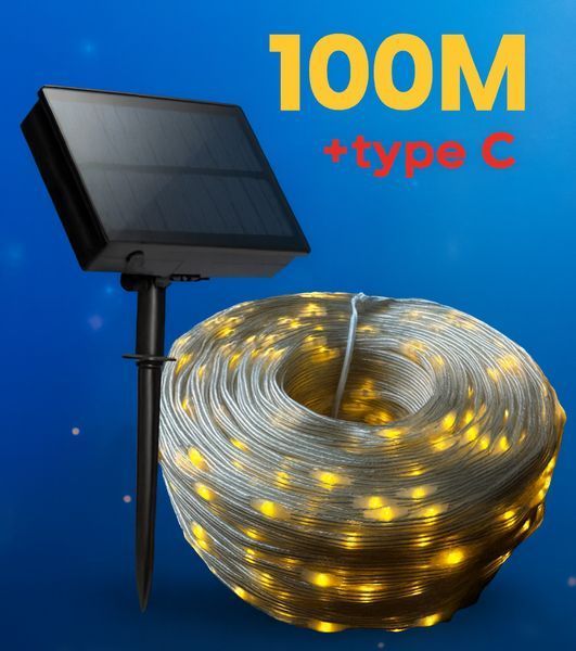 Вулична LED гірлянда 100 м на сонячній батареї з пультом та зарядкою type C теплий білий G03113 фото