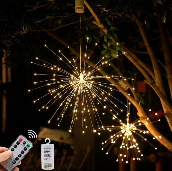 Тёплая светодиодная гирлянда фейерверк 150 LED на батарейках с пультом G03041 фото