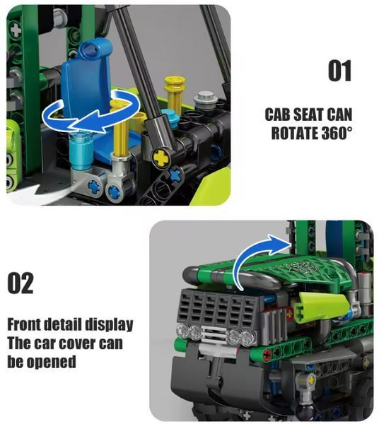 Детализированная модель трактора John Deere с пневматическим захватом и прицепом Mould King TS19006 фото