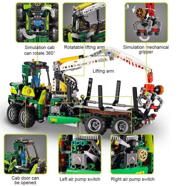 Детализированная модель трактора John Deere с пневматическим захватом и прицепом Mould King TS19006 фото