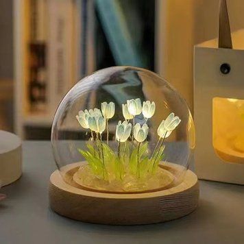 Букет голубых тюльпанов в стеклянной колбе с LED подсветкой P13015 фото