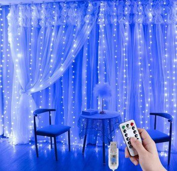 Синяя гирлянда-водопад штора 300 LED USB с пультом  3х3 м G03122 фото