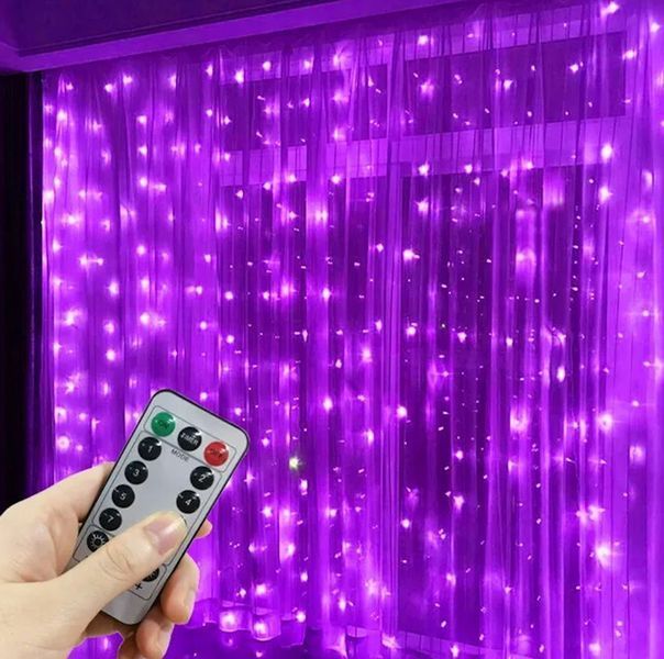Гирлянда-штора фиолетового света 300 LED 3 на 3 м USB с пультом G03123 фото