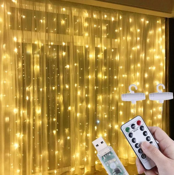 Декоративна гірлянда світлодіодна завіса штора 300 LED з пультом 3х3 м Теплий білий G03010 фото
