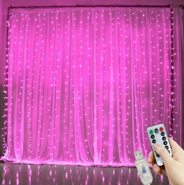 Декоративная гирлянда-занавес с 300 LED в розовом цвете с дистанционным управлением USB 3х3 метра G03124 фото
