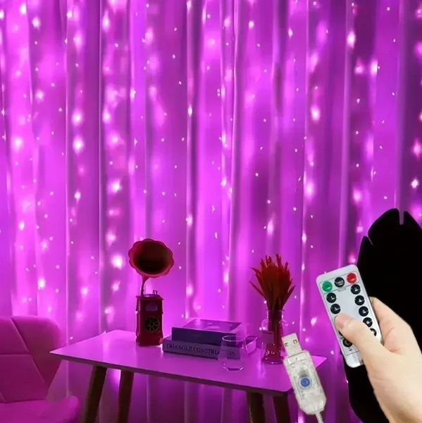 Декоративная гирлянда-занавес с 300 LED в розовом цвете с дистанционным управлением USB 3х3 метра G03124 фото