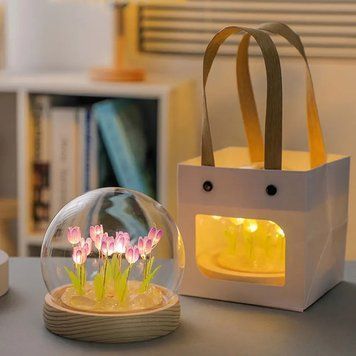 Букет нежных розовых тюльпанов в стеклянной колбе с LED подсветкой P13014 фото