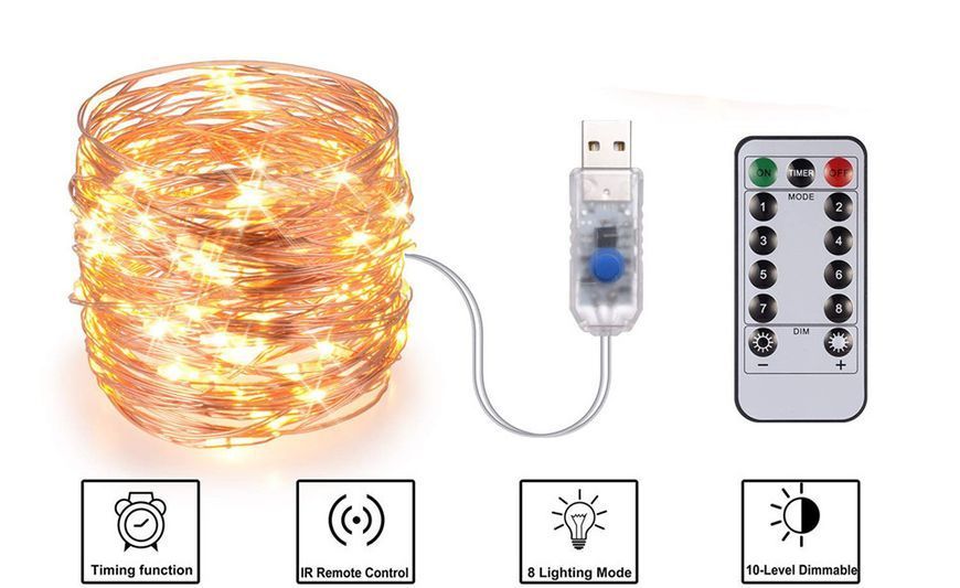 Світлодіодна гірлянда "Роса" USB 20 метрів з пультом дистанційного управління Теплий білий G03021 фото